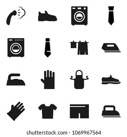Flat vector icon set - iron vector, steaming, drying clothes, rubber glove, apron, tie, snickers, shorts, washer