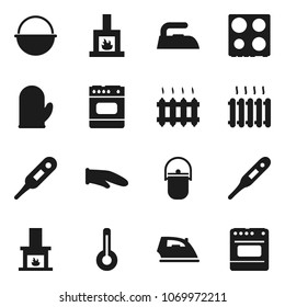 Flat vector icon set - iron vector, camping cauldron, cook glove, oven, thermometer, fireplace, heating
