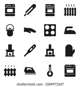 Flat vector icon set - iron vector, camping cauldron, cook glove, oven, thermometer, fireplace, heating