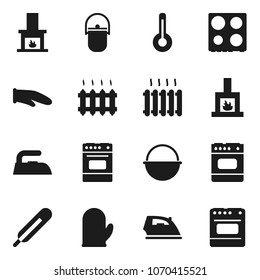 Flat vector icon set - iron vector, camping cauldron, cook glove, oven, thermometer, fireplace, heating
