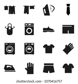 Flat vector icon set - iron vector, steaming, drying clothes, washer, rubber glove, apron, tie, snickers, shorts