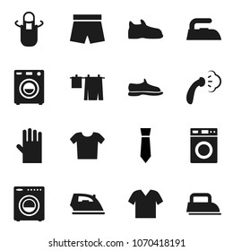 Flat vector icon set - iron vector, steaming, drying clothes, washer, rubber glove, apron, tie, snickers, shorts