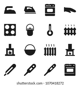 Flat vector icon set - iron vector, camping cauldron, cook glove, oven, thermometer, fireplace, heating