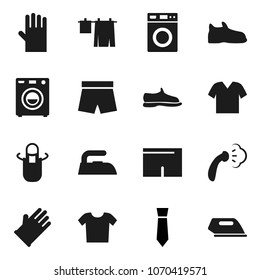 Flat vector icon set - iron vector, steaming, drying clothes, washer, rubber glove, apron, tie, snickers, shorts
