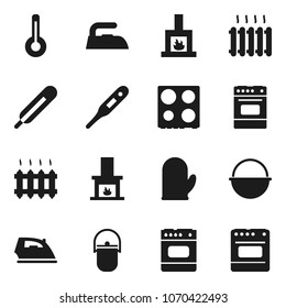 Flat vector icon set - iron vector, camping cauldron, cook glove, oven, thermometer, fireplace, heating