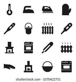 Flat vector icon set - iron vector, camping cauldron, cook glove, oven, thermometer, fireplace, heating