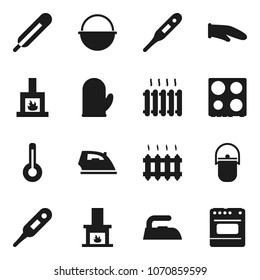 Flat vector icon set - iron vector, camping cauldron, cook glove, oven, thermometer, fireplace, heating