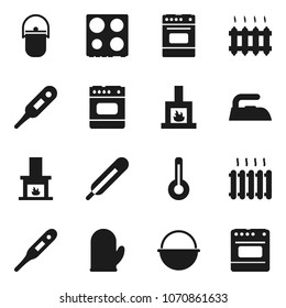 Flat vector icon set - iron vector, camping cauldron, cook glove, oven, thermometer, fireplace, heating