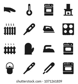 Flat vector icon set - iron vector, camping cauldron, cook glove, oven, thermometer, fireplace, heating