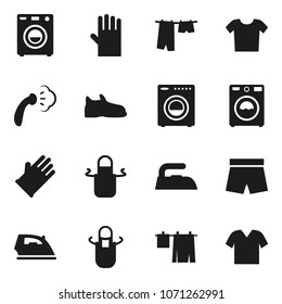 Flat vector icon set - iron vector, steaming, drying clothes, washer, rubber glove, apron, snickers, shorts