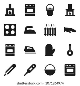 Flat vector icon set - iron vector, camping cauldron, cook glove, oven, thermometer, fireplace, heating