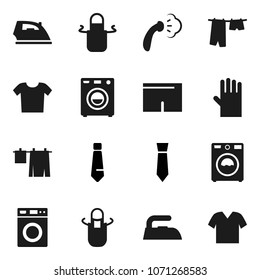 Flat vector icon set - iron vector, steaming, drying clothes, washer, rubber glove, apron, tie, shorts