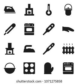 Flat vector icon set - iron vector, camping cauldron, cook glove, oven, thermometer, fireplace, heating