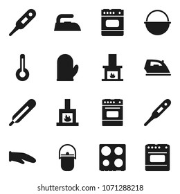 Flat vector icon set - iron vector, camping cauldron, cook glove, oven, thermometer, fireplace