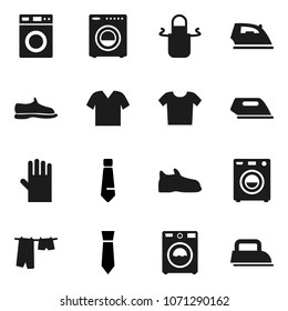 Flat vector icon set - iron vector, drying clothes, washer, rubber glove, apron, tie, snickers