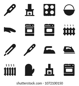 Flat vector icon set - iron vector, camping cauldron, cook glove, oven, thermometer, fireplace, heating