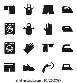 Flat vector icon set - iron vector, steaming, drying clothes, rubber glove, apron, snickers, shorts, washer