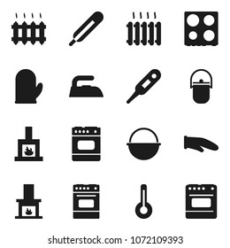 Flat vector icon set - iron vector, camping cauldron, cook glove, oven, thermometer, fireplace, heating