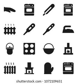 Flat vector icon set - iron vector, camping cauldron, cook glove, oven, thermometer, fireplace, heating