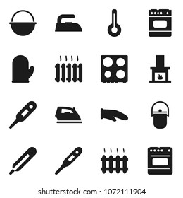 Flat vector icon set - iron vector, camping cauldron, cook glove, oven, thermometer, fireplace, heating