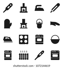 Flat vector icon set - iron vector, camping cauldron, cook glove, oven, thermometer, fireplace, heating