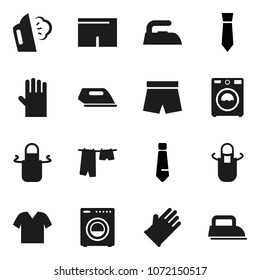 Flat vector icon set - iron vector, steaming, drying clothes, washer, rubber glove, apron, tie, shorts