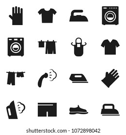 Flat vector icon set - iron vector, steaming, drying clothes, rubber glove, apron, snickers, shorts, washer