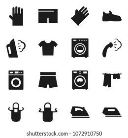 Flat vector icon set - iron vector, steaming, drying clothes, washer, rubber glove, apron, snickers, shorts