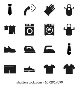 Flat vector icon set - iron vector, steaming, drying clothes, washer, rubber glove, apron, tie, snickers, shorts