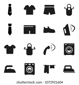 Flat vector icon set - iron vector, steaming, drying clothes, apron, tie, snickers, shorts, washer