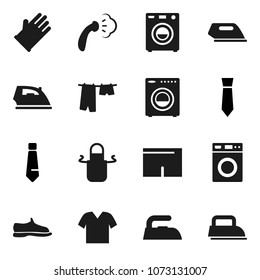 Flat vector icon set - iron vector, steaming, drying clothes, washer, rubber glove, apron, tie, snickers, shorts