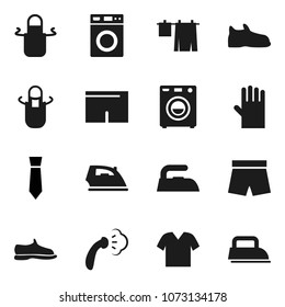 Flat vector icon set - iron vector, steaming, drying clothes, washer, rubber glove, apron, tie, snickers, shorts