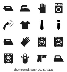 Flat vector icon set - iron vector, steaming, drying clothes, washer, rubber glove, apron, tie