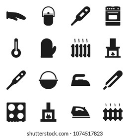 Flat vector icon set - iron vector, camping cauldron, cook glove, oven, thermometer, fireplace, heating