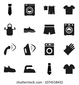 Flat vector icon set - iron vector, steaming, drying clothes, washer, rubber glove, apron, tie, snickers, shorts