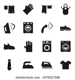 Flat vector icon set - iron vector, steaming, drying clothes, washer, rubber glove, apron, tie, snickers