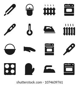 Flat vector icon set - iron vector, camping cauldron, cook glove, oven, thermometer, heating