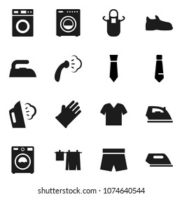 Flat vector icon set - iron vector, steaming, drying clothes, washer, rubber glove, apron, tie, snickers, shorts