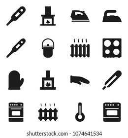 Flat vector icon set - iron vector, camping cauldron, cook glove, oven, thermometer, fireplace, heating
