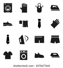 Flat vector icon set - iron vector, steaming, drying clothes, washer, rubber glove, apron, tie, snickers, shorts