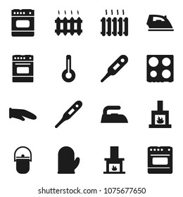 Flat vector icon set - iron vector, camping cauldron, cook glove, oven, thermometer, fireplace, heating