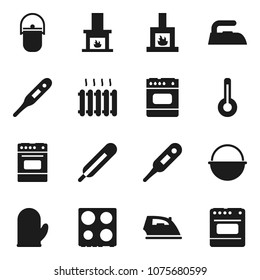 Flat vector icon set - iron vector, camping cauldron, cook glove, oven, thermometer, fireplace, heating