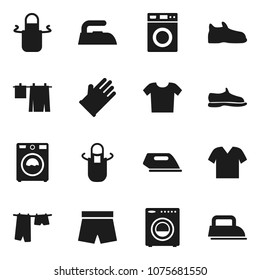 Flat vector icon set - iron vector, drying clothes, washer, rubber glove, apron, snickers, shorts