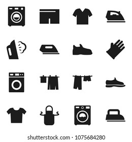 Flat vector icon set - iron vector, steaming, drying clothes, washer, rubber glove, apron, snickers, shorts