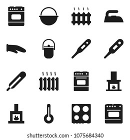 Flat vector icon set - iron vector, camping cauldron, cook glove, oven, thermometer, fireplace, heating