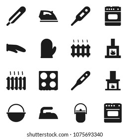 Flat vector icon set - iron vector, camping cauldron, cook glove, oven, thermometer, fireplace, heating
