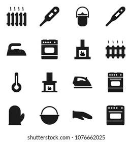 Flat vector icon set - iron vector, camping cauldron, cook glove, oven, thermometer, fireplace, heating