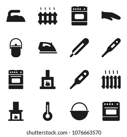 Flat vector icon set - iron vector, camping cauldron, cook glove, oven, thermometer, fireplace, heating