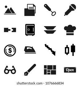 Flat vector icon set - iron vector, cook hat, whisk, plates, pen, glasses, dollar coin, japanese candle, crisis, safe, consolidated cargo, document, microphone, connection, mountain, open