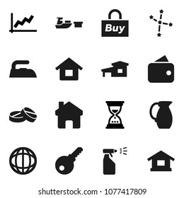 Flat vector icon set - iron vector, sprayer, jug, world, constellation, graph, sand clock, port, pills, home, house, cottage, wallet, buy, password